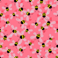 Seamless pattern with bees and hearts on color background. Small wasp. Vector illustration. Adorable cartoon character. Template design for invitation, cards, textile, fabric. Doodle style.