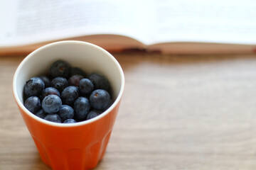 Bowl of blueberries and open book on a table. Selective focus.