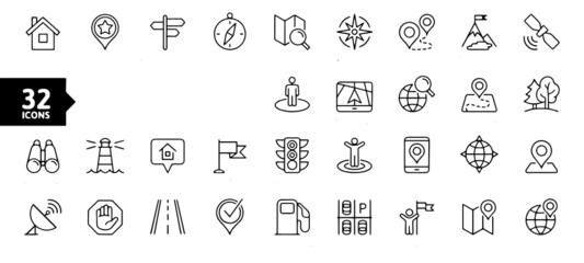 set of icons with navigation and with road