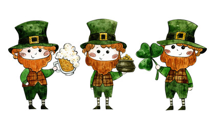 watercolor illustration for st patrick's day. cute characters. clover, pot of gold, beer mug