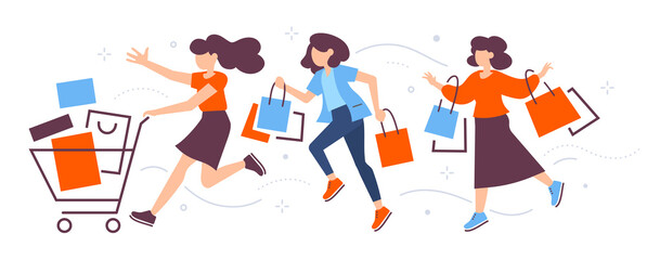 Fototapeta na wymiar Vector illustration of running shopping people with shopping bags