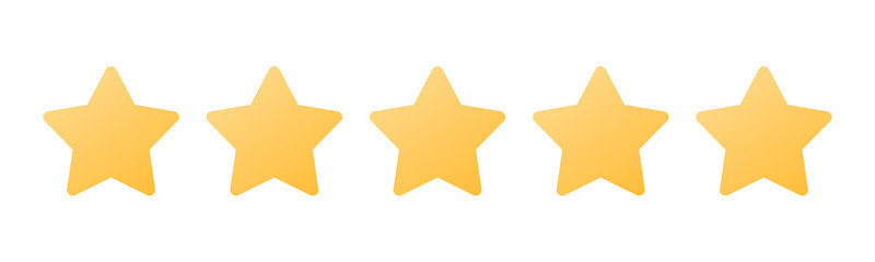 Rating sticker icon with five gold stars on a white background. Flat design. White background. Isolated vector icon. Vector gold background. Vector graphics.