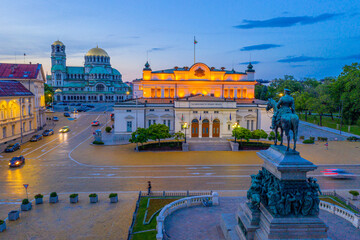 Night view of the National Assembly of the Republic of Bulgaria and Alexander Nevski cathedral in...