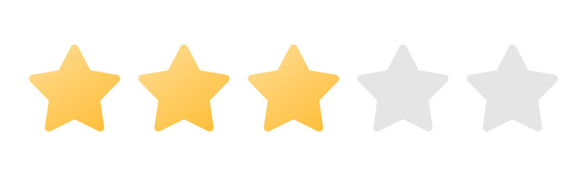 Rating sticker icon with three gold stars on a white background. Flat design. White background. Isolated vector icon. Vector gold background. Vector graphics.