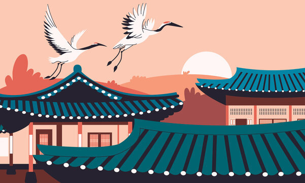 Asian architecture flat cartoon illustration. Traditional hanok building  banner design. Сrane birds fly over the rooftops printing card
