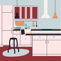 Home kitchen interior flat cartoon illustration. Modern house cooking room banner design. Apartment witch kitchenware printing card