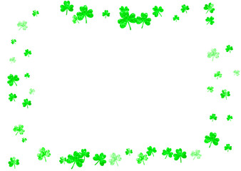 Saint patricks day background with shamrock. Lucky trefoil confetti. Glitter frame of clover leaves. Template for party invite, retail offer and ad. Festal saint patricks day backdrop.
