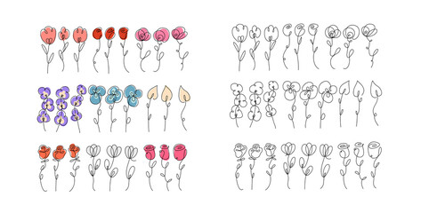 One line flowers trendy collection . Set of various doodle floral elements. Abstract romantic 
 contour blossom clipart. Simple and minimalistic logo.