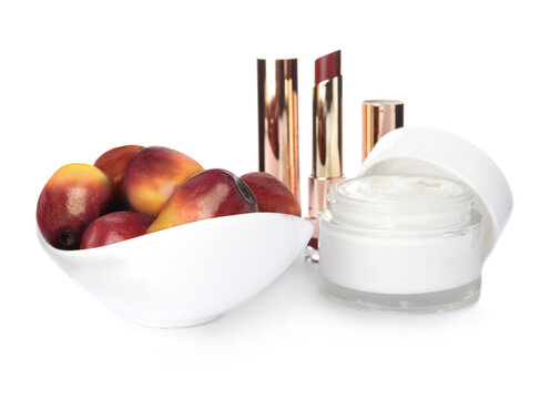 Fresh Ripe Palm Oil Fruits And Cosmetic Products On White Background