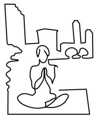 One line drawing of woman relaxing and meditating in park.
One continuous line drawing of meditation in outside in summer.