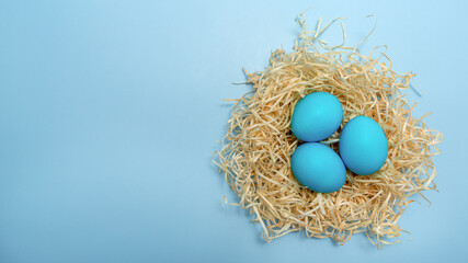 Easter eggs in blue colors in a nest. The concept of stylish decoration for Easter