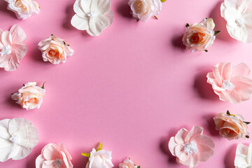 Pink flowers background for fabric design. Vintage nature illustration. Spring wedding invitation. Blooming spring floral card. Spring bouquet.