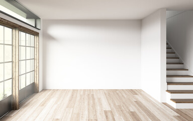 Wall in a room with stairs and windows. 3D Rendering