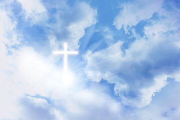 Cross silhouette in blue sky. Resurrection of Jesus