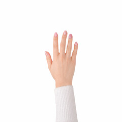 caucasian woman hand with pink bright manicure isolated on white