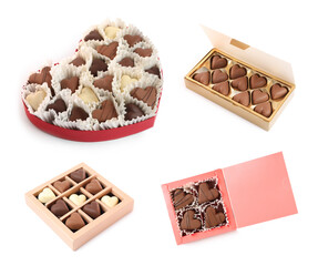 Set with delicious heart shaped chocolate candies on white background