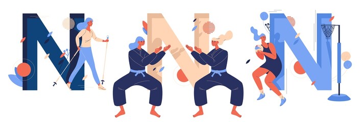 Vector sport letters N collection. Women training nordic walking, netball, ninjutsu fighting sparring. Concept illustrations about healthy lifestyle good for schools or clubs