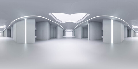 360 spherical panorama view of futuristic white hall 3d render illustration vr hdri style - obrazy, fototapety, plakaty