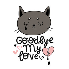 cute gray cat crying cartoon vector, lettering about love, card for valentine's day - 414703133