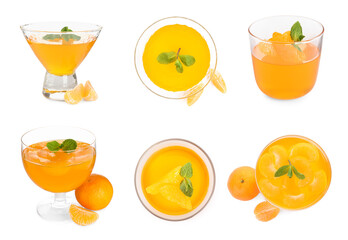 Set with delicious tangerine jelly on white background