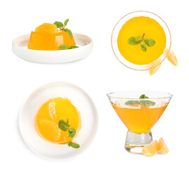 Set with delicious tangerine jelly on white background
