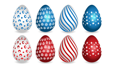 Happy easter. Set of red and blue patterns for Easter eggs on a white background. Vector illustration