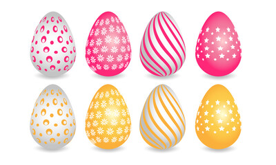 Happy easter. Set of pink and yellow patterns for Easter eggs on a white background. Vector illustration