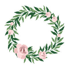 pink bouquet peony flower and leaves, vector drawing template card round frame wreath - 414703376