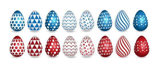 Happy easter. Set of red and blue patterns for Easter eggs on a white background. Vector illustration