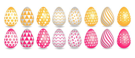 Happy easter. Set of pink and yellow patterns for Easter eggs on a white background. Vector illustration