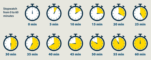 Stopwatch timer from 0 to 60 minutes - obrazy, fototapety, plakaty