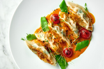 Fried dumplings or Japanese Gyoza in yellow sauce, cherry tomatoes and green peas, served in a white plate on a marble background. Pan-Asian cuisine. Restaurant food