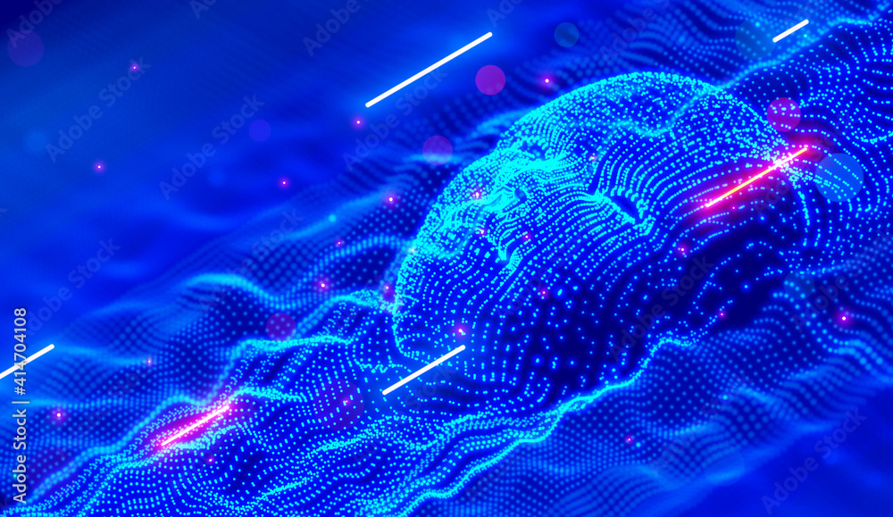 Aufkleber Abstract face of artificial intelligence consists glows dots or particles. Technology background. Robot head mind in cyberspace. AI or neural network analyzes the data flow. 3d glowing wavy surface