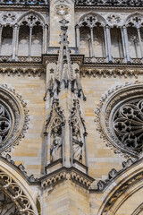 Architectural fragments of Gothic style Roman Catholic Cathedral of Sainte-Croix dominates in Orleans city Centre. Construction of Sainte-Croix started in 1287, inaugurated in 1829. Orleans, France.