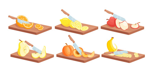 Fototapeta na wymiar Fruit slices food with knife isometric set, ripe juicy sliced fruits on wooden board