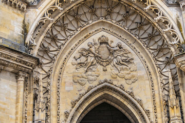 Architectural fragments of Gothic style Roman Catholic Cathedral of Sainte-Croix dominates in Orleans city Centre. Construction of Sainte-Croix started in 1287, inaugurated in 1829. Orleans, France.