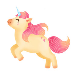 Cute Unicorn illustration isolated on white. Childish cartoon character with funny pony with magical horn.