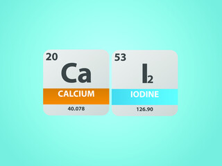 Calcium iodide cai2 molecule. Simple molecular formula consisting of Calcium, Iodine , elements. Chemical compound simplified structure on blue background, for chemistry education 