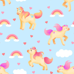 Unicorns seamless pattern with rainbow, hearts and clouds isolated on blue. Cute illustration for kids. Fantasy animals for wrapping paper, wallpaper, textile, fabric, print.