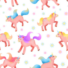 Pink unicorn seamless pattern isolated on white. Cute illustration for kids. Fantasy animals for wrapping paper, wallpaper, textile, fabric, print. © Daniella