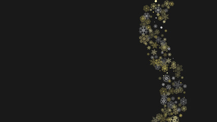 Glitter snowflakes frame on white horizontal background. Shiny Christmas and New Year frame for gift certificate, ads, banners, flyers. Falling snow with golden glitter snowflakes for party invite