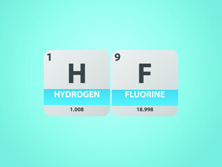 Hydrogen fluoride hf molecule. Simple molecular formula consisting of Hydrogen, Fluorine ,  elements. Chemical compound simplified structure on blue background, for chemistry education 
