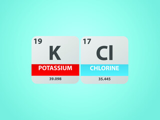 Potassium chloride  kcl molecule. Simple molecular formula consisting of Potassium, Chlorine , elements. Chemical compound simplified structure on blue background, for chemistry education 