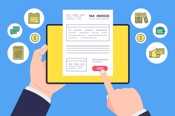 Businessman's hands are holding the tablet on the screen tax payment. Calculation tax on the laptop. Finance icons set. Vector.