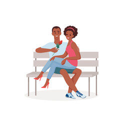 Romantic date couple in love in park, happy young man woman lovers sitting on bench