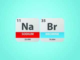 Sodium bromide nabr molecule. Simple molecular formula consisting of Sodium, Bromine ,  elements. Chemical compound simplified structure on blue background, for chemistry education 
