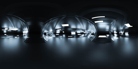 seamless panorama 360 angle view of dark modern futuristic building interior hdri style VR content 3d render illustration