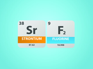 Strontium fluoride srf2 molecule. Simple molecular formula consisting of Strontium, Fluorine , elements. Chemical compound simplified structure on blue background, for chemistry education 