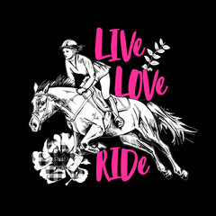 The Galloping beautiful horse, rider and checkered flower. Life, Love, Ride - lettering quote. Romantic card, t-shirt composition, hand drawn style print. Vector illustration.