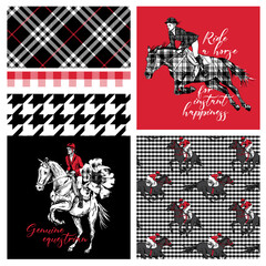 Set of print and seamless wallpaper patterns. The running beautiful horse and rider, checkered backgrounds. T-shirt composition, hand drawn vector illustration.